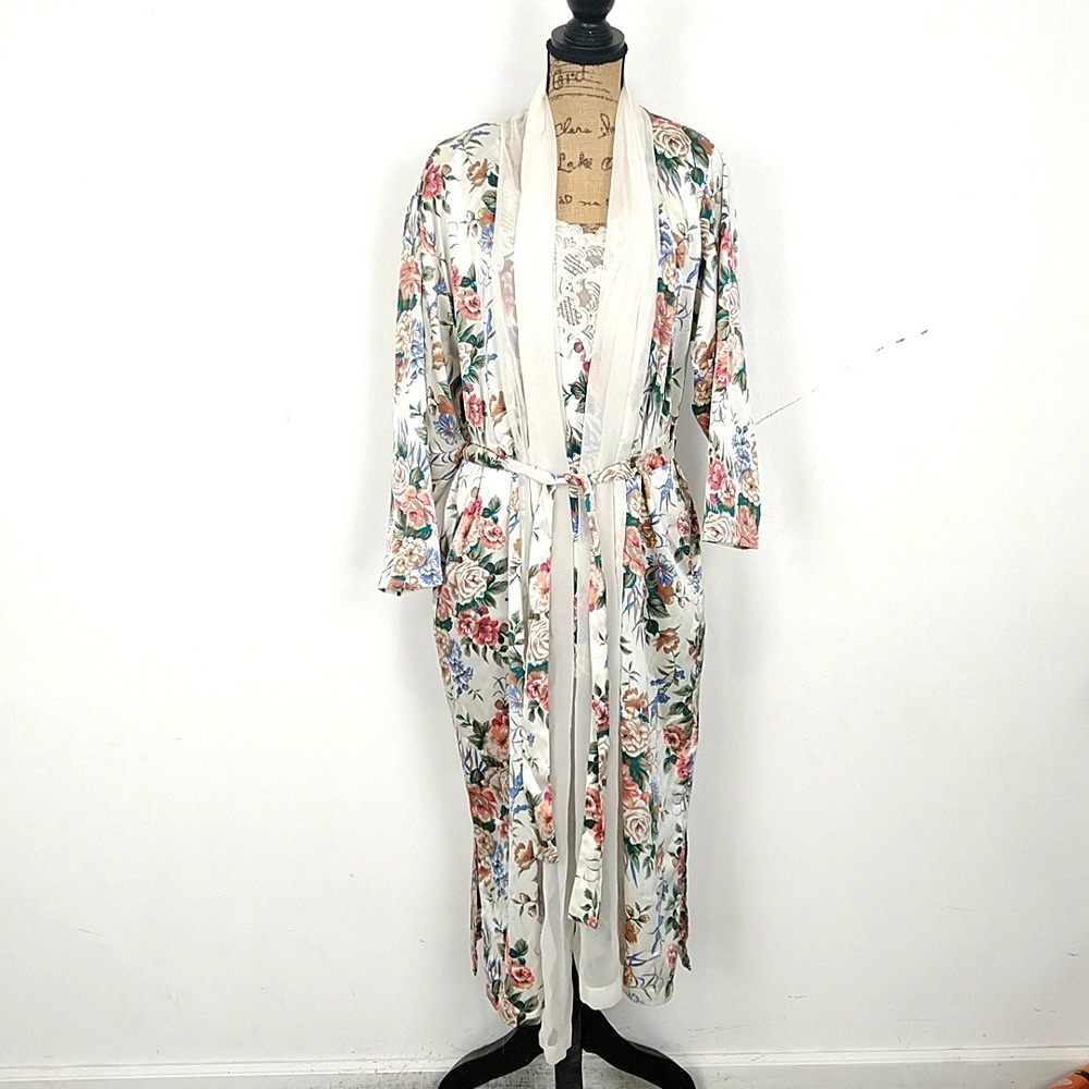 Victoria's Secret Robe Womens Medium White Floral Satin Gold Label Vintage Maxi